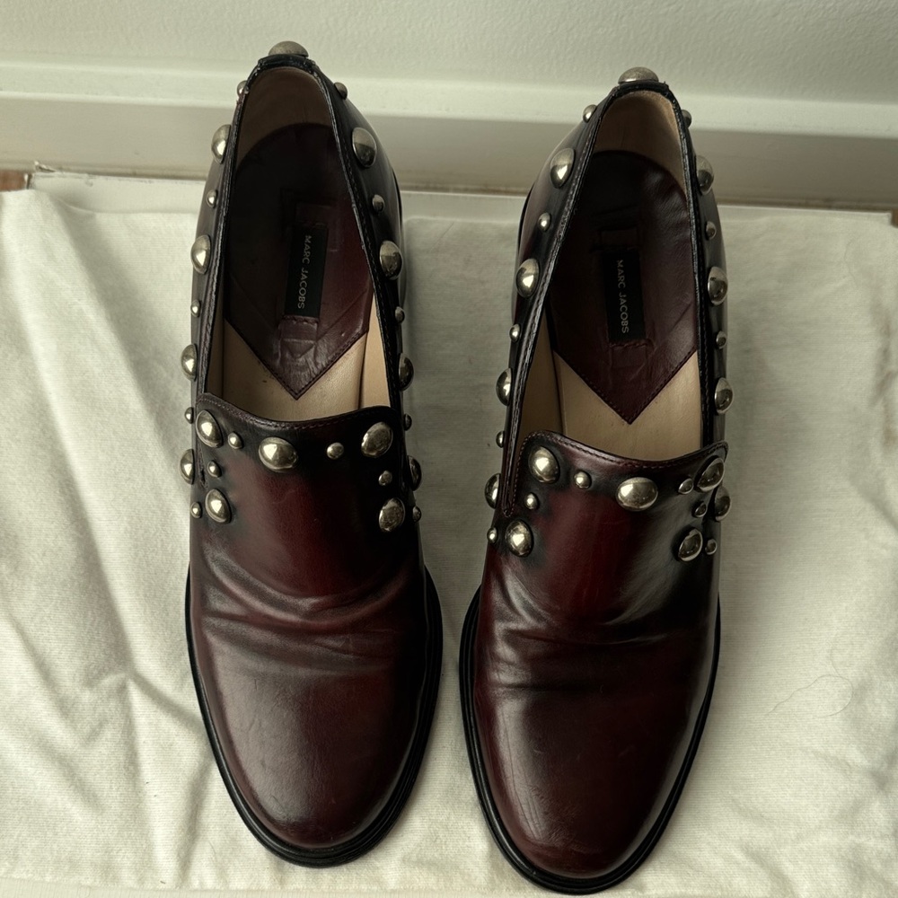 Marc Jacobs Studded Leather Slip-On Loafers in Dark Wine